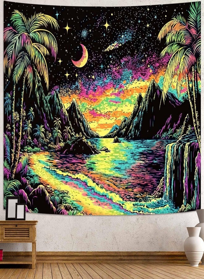 Lifeella Blacklight Landscape Tapestry, Glow in the dark UV Reactive Beach Lake Wall Decor, Aesthetic Palm Tree Art for Bedroom Living Room, 36x48 inches - Image 1